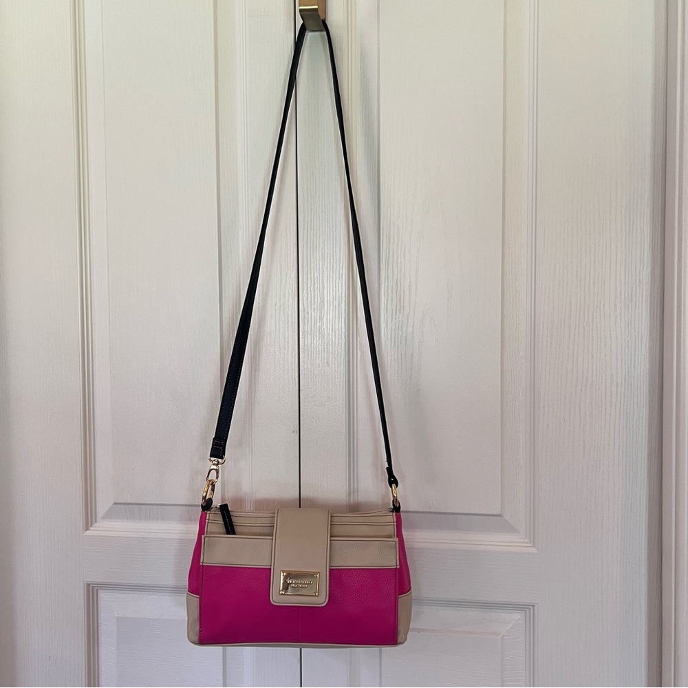 Tignanello Hot Pink Beige Black Leather Crossbody Clutch Handbag - Picture 8 of 17